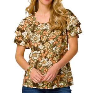Cato Eyelet Top Size 22/24 Olive Floral Ruffle Tiered Sleeves Lined Stretch Knit